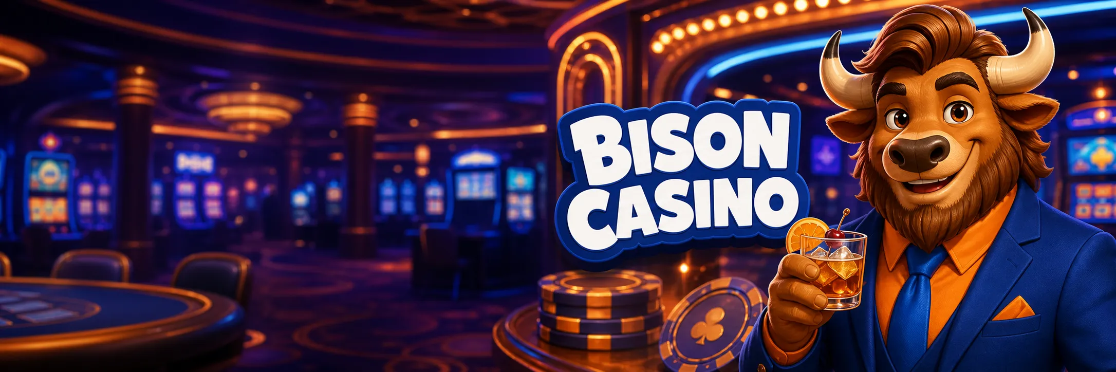 Luxury Bison Casino banner with cartoon bison mascot, logo, and elegant casino background.