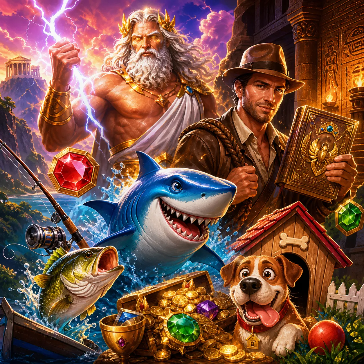 Illustration featuring dynamic slot game characters and environments, showcasing vibrant and polished visual themes.