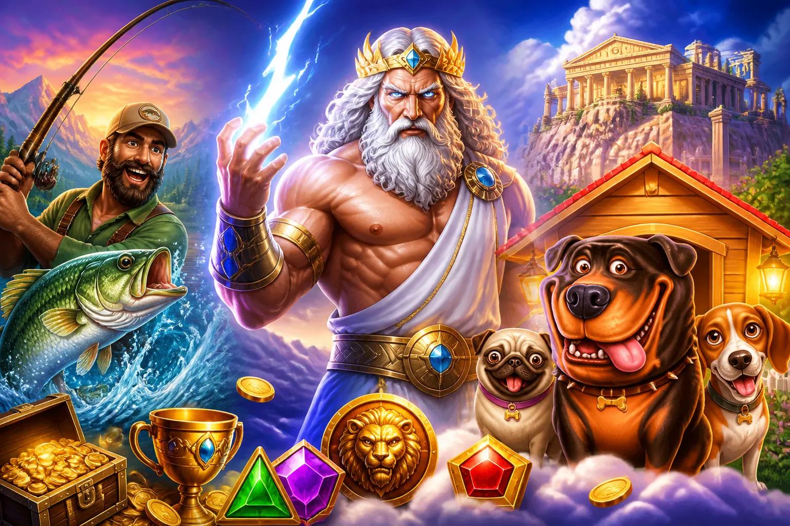 Cinematic scene of a vibrant slot game world featuring mythical characters and colorful environments from Bison Casino.