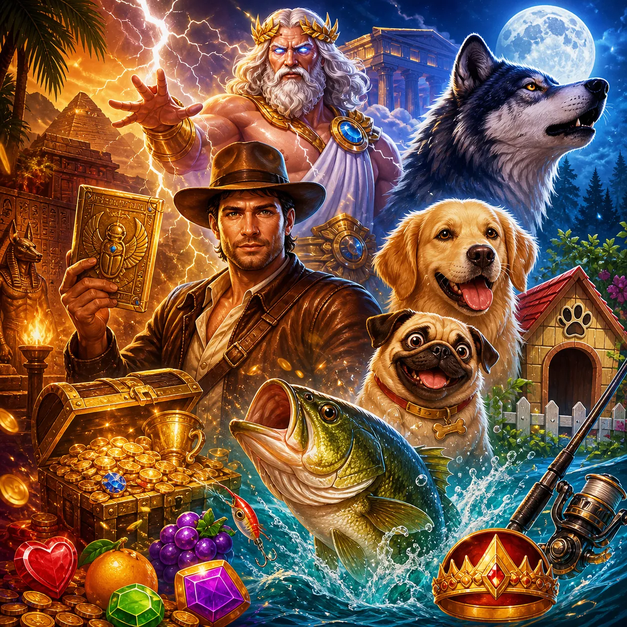 High-quality digital artwork featuring fantasy slot game characters and mystical environments.